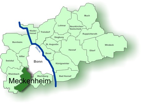 Grafik zeigt Bonn sowie den Rhein-Sieg-Kreis mit seinen Kommunen und die Lage Meckenheims