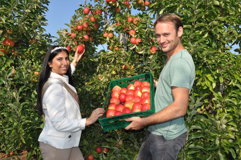 Foto zeigt die Blütenkönigin und Philip Wisskirchen in der Apfelplantage.