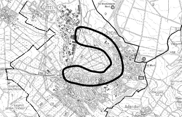 Grafik zeigt den Bereich der 5. Planänderung auf dem Gebiet der Stadt Meckenheim.