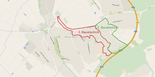 Das Bild zeigt die Karte von Meckenheim Neue Mitte mit den markierten Bauabschnitten. Quelle: Erftverband