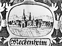 Die älteste Ansicht der Stadt Meckenheim aus dem Jahr 1659. Zeichnung aus der Apologia des Erzstiftes Köln.