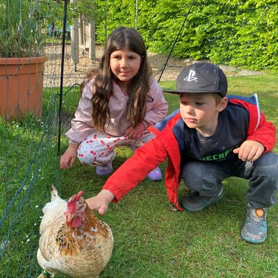 Zwei Kinder hocken im Außenbereich und nähern sich einem Huhn.