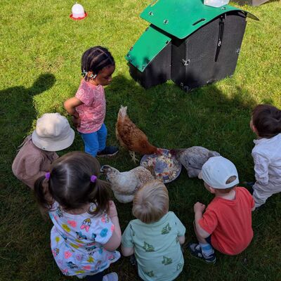 Kindergruppe mit drei Hühnern