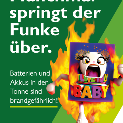 Bild vergr&ouml;&szlig;ern: Plakat Brandgefahr durch Batterien und Akkus in der Tonne - RSAG-Kampagne