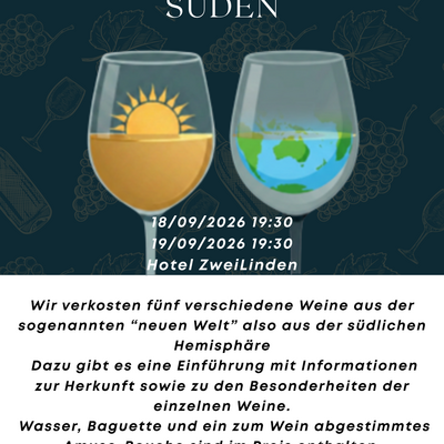 Flyer für die Weinprobe, man sieht zwei Gläser gefüllt mit einerseits Sonnenschein und andererseits einer Weltkugel.