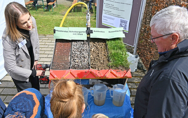 Nele Allerchen und Interessierte stehen an dem Experiment "Oberflächenabfluss".
