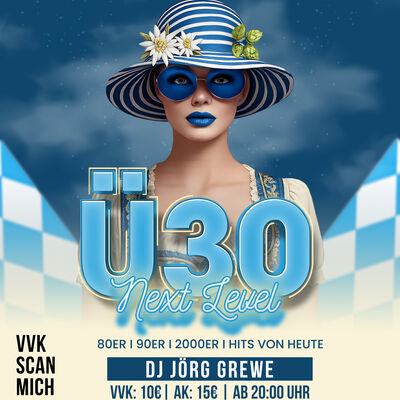 Veranstaltungsplakat für Ü30 Next Level am 02.10.26 in der Jungholzhalle Meckenheim. Musik von DJ Jörg Grewe (80er, 90er, 2000er und Hits von heute). Beginn ab 20:00 Uhr, Eintritt ab 18 Jahren. VVK 10 Euro, Abendkasse 15 Euro.